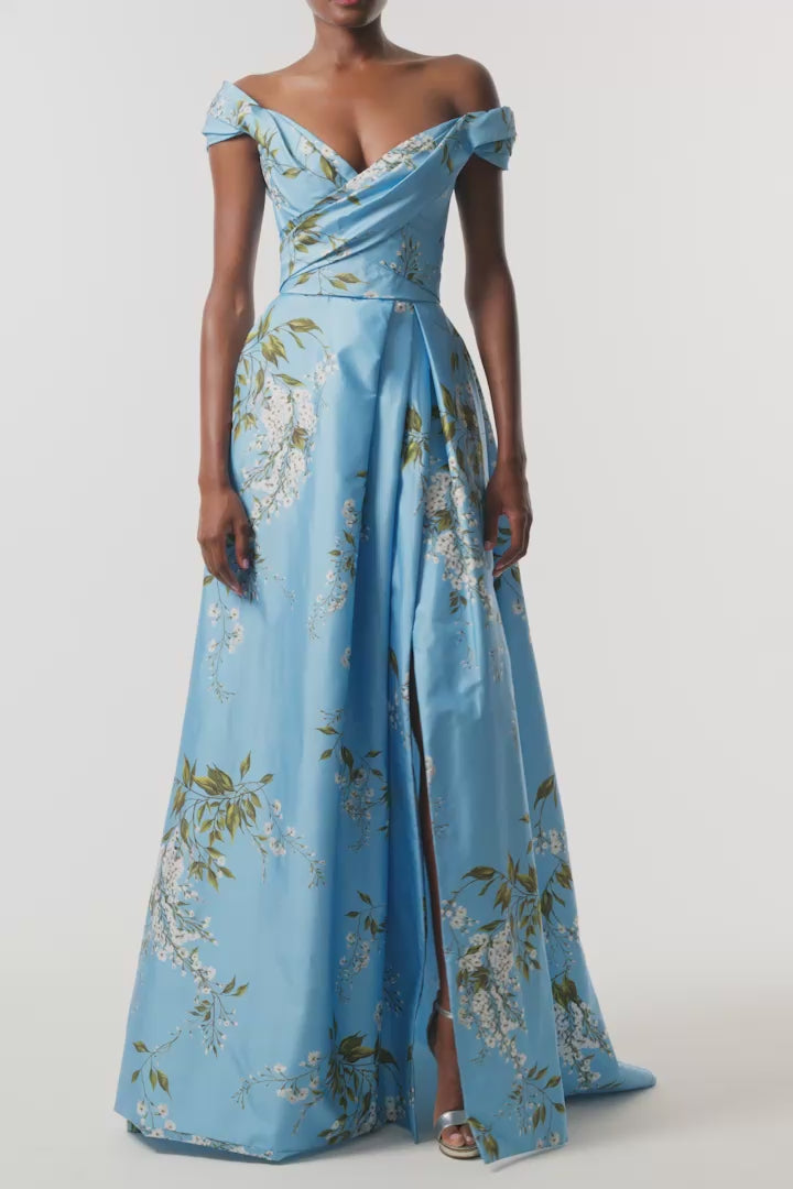 Monique Lhuillier Fall 2026 Horizon Blue Multi Wisteria Printed Taffeta Asymmetric draped bodice ball gown with front slit- video.
