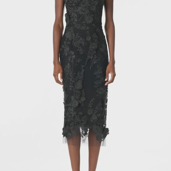 Monique Lhuillier Fall 2024 Spaghetti strap lace midi dress with corseted bodice in Noir 3D lace - video.