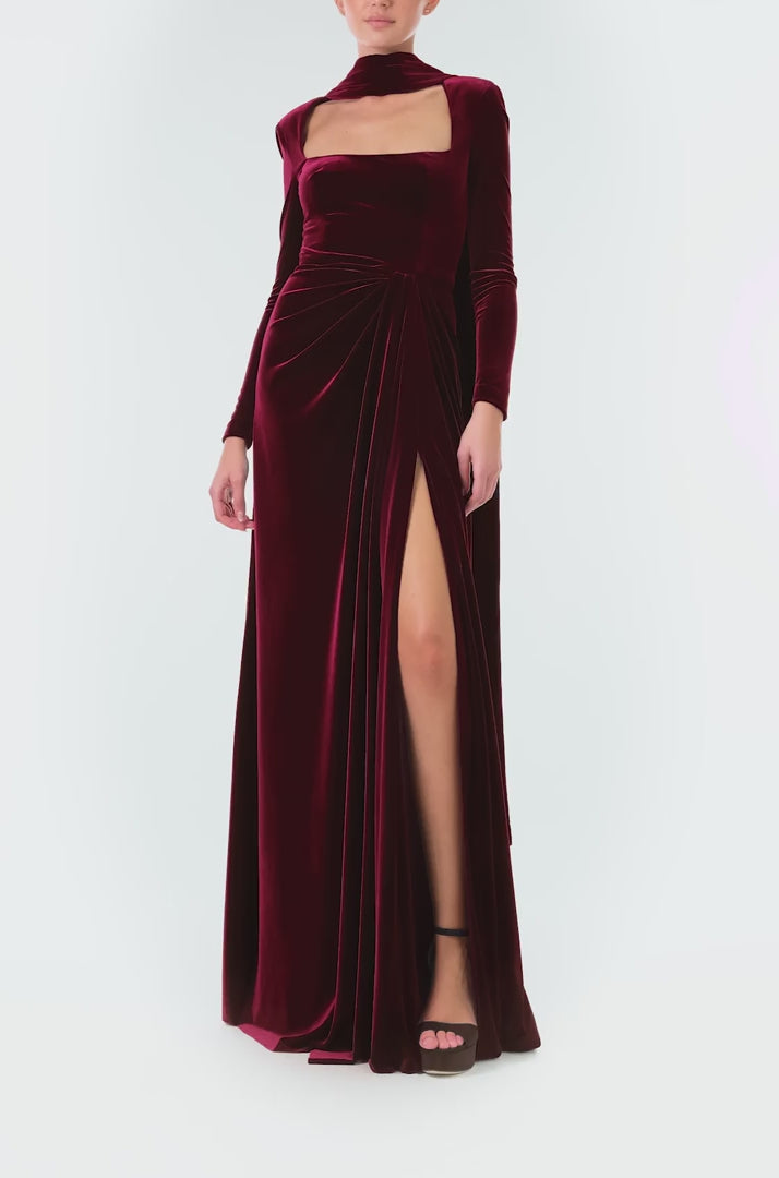Long Sleeve Velour Gown With Scarf – Monique Lhuillier