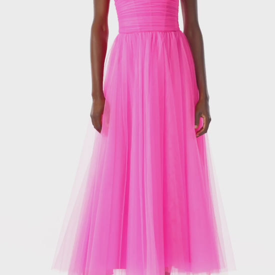 Monique Lhuillier hot pink tulle strapless dress with sweetheart neckline and ruched bodice.