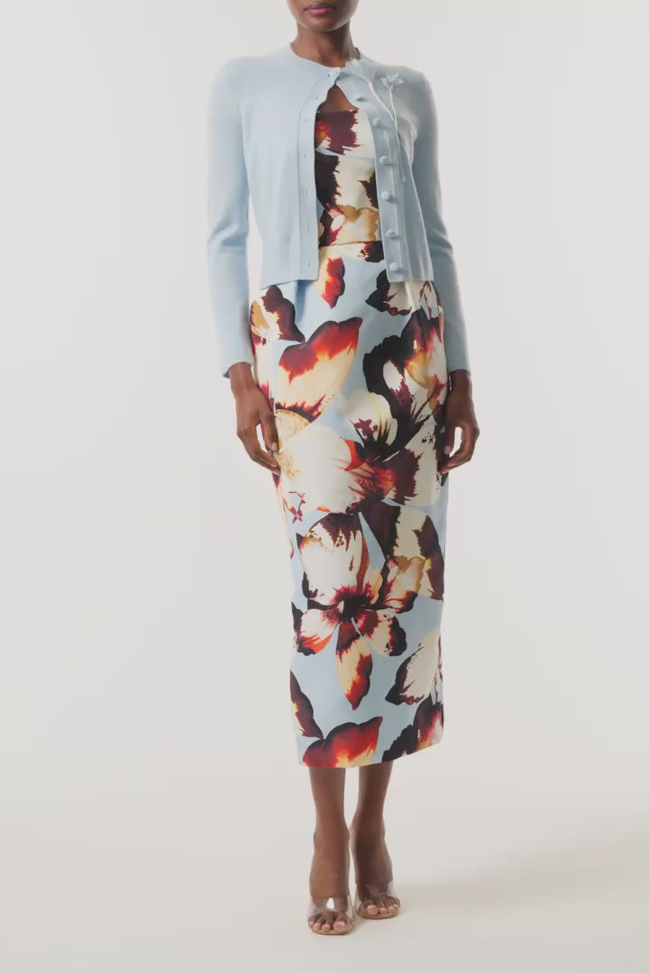 Monique Lhuillier Fall 2026 pale blue cashmere cardigan with floral applique - video.