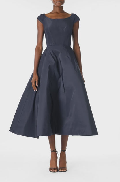 Monique Lhuillier Fall 2024 Bateau neck, cap sleeve dress with full tea length skirt in night sky silk faille - video.