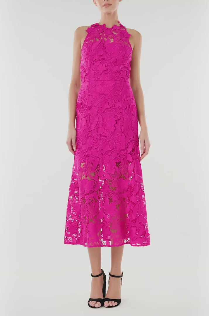 ML Monique Lhuillier sleeveless midi dress in 3D berry colored lace