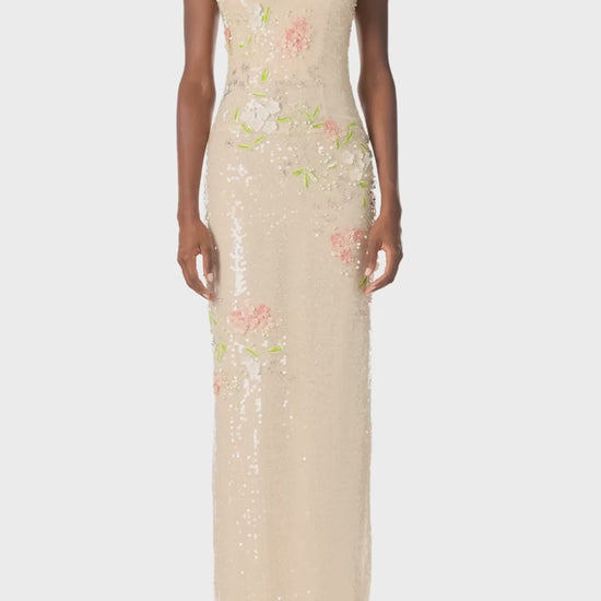 Monique Lhuillier Spring 2025 Strapless, column gown in all-over prosecco colored, floral embroidered sequins - video.