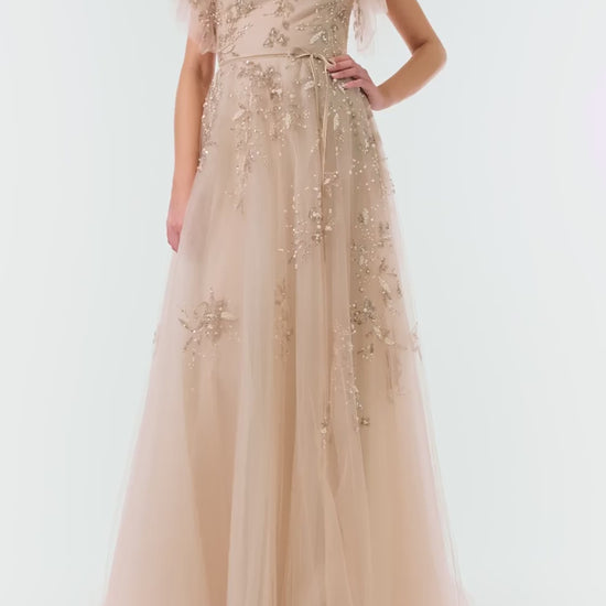 Monique Lhuillier Fall 2024 gold embroidered, flutter sleeve tulle gown with V-neckline and dainty velvet sash at waist - video.