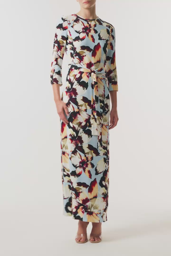 Monique Lhuillier Fall 2026 Breeze/Multi Amber Lily Stretch Crepe bracelet sleeve self tie ankle length dress - video.