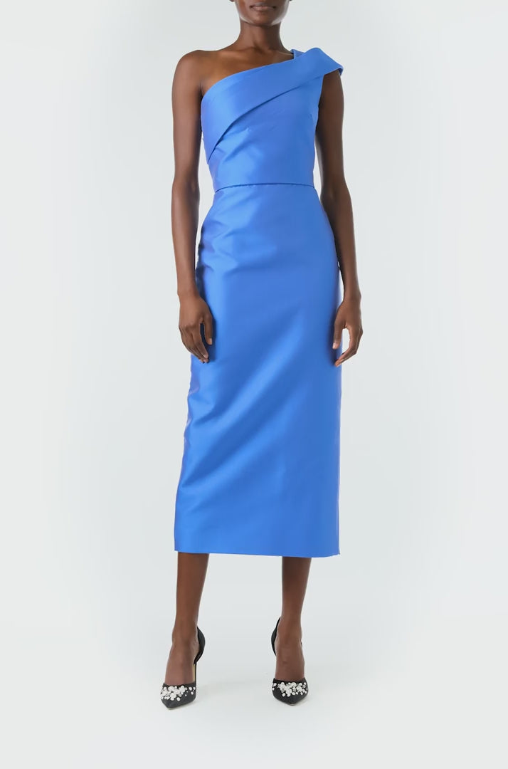 Monique Lhuillier Fall 2024 tea length column dress with draped, one shoulder neckline and natural-waist seam in sky blue mikado - video.