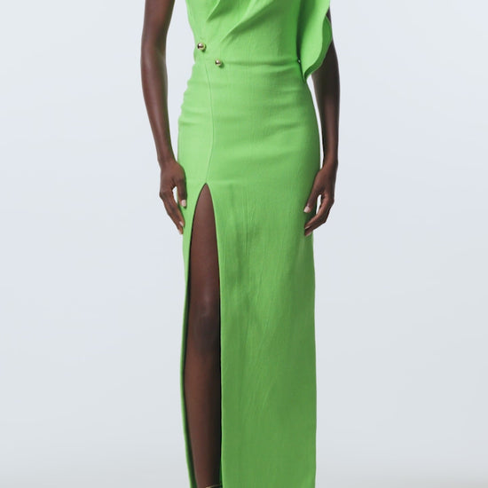 Monique Lhuillier Spring 2026 Meadow Silk Cotton Brocade petal neckline column gown with gold ball piercing - video.