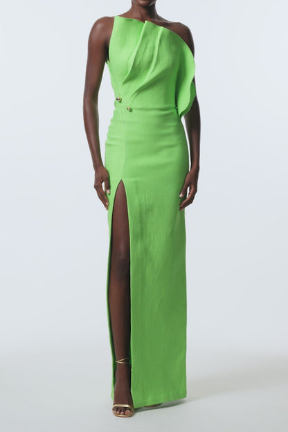Monique Lhuillier Spring 2026 Meadow Silk Cotton Brocade petal neckline column gown with gold ball piercing - video.