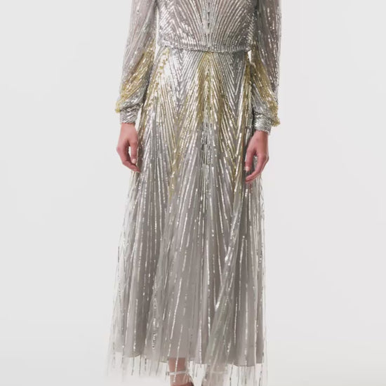 Long sleeve midi dress in silver & gold sequin embroidery with semi-sheer bodice - video.