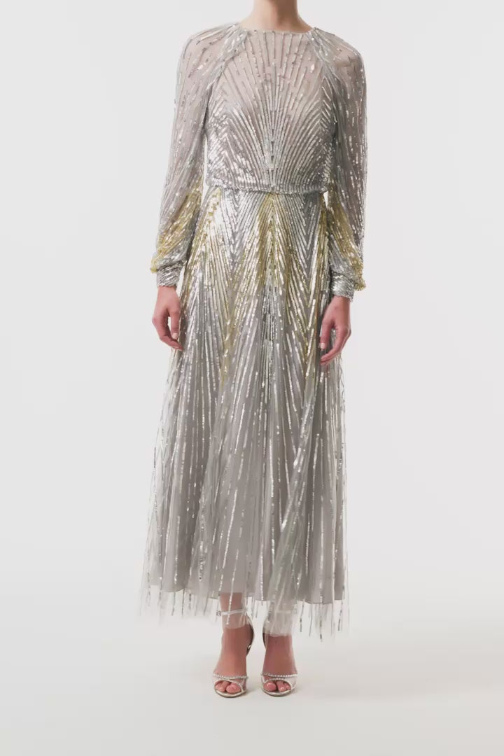 Long sleeve midi dress in silver & gold sequin embroidery with semi-sheer bodice - video.