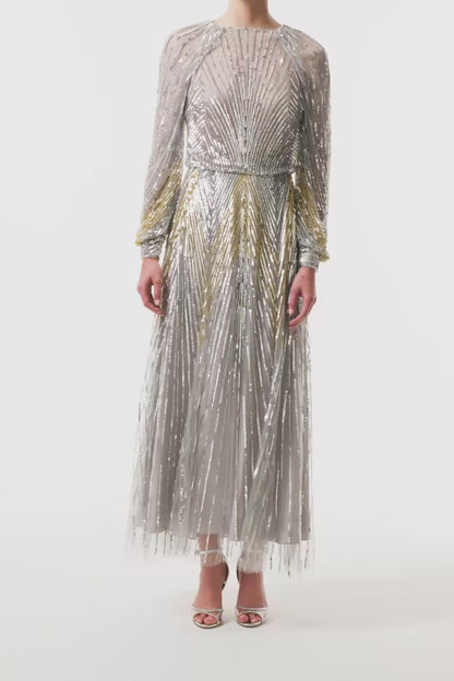 Long sleeve midi dress in silver & gold sequin embroidery with semi-sheer bodice - video.