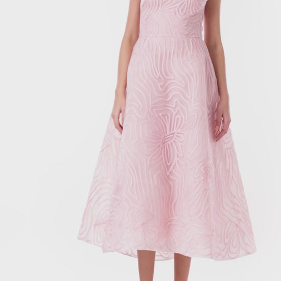 Monique Lhuillier midi length dress with jewel neckline in powder pink embroidery.