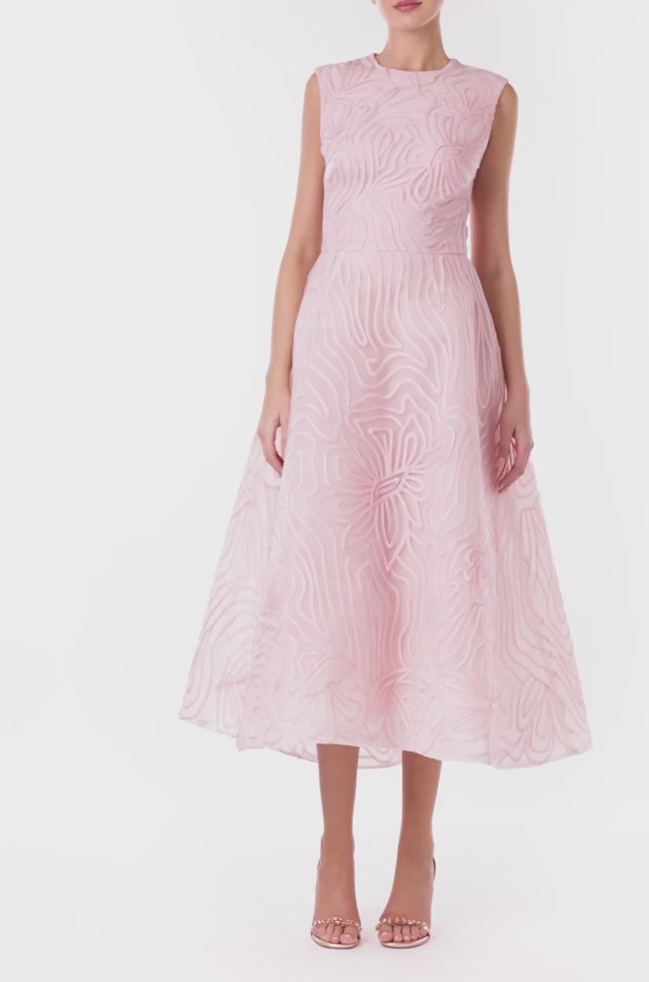 Monique Lhuillier midi length dress with jewel neckline in powder pink embroidery.