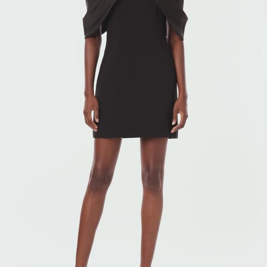 ML Monique Lhuillier black crepe mini dress with an off the shoulder neckline.