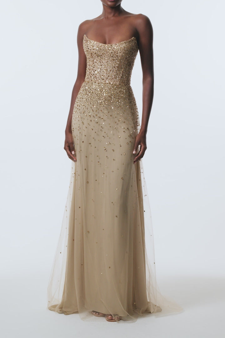 Monique Lhuillier Spring 2026 Gold Crystal Embroidered Tulle strapless gown - video.