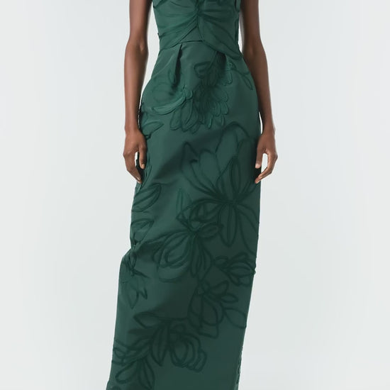 Monique Lhuillier Fall 2024 Strapless, floral embroidered column gown with asymmetric neckline and nude tulle insert in Juniper green - video.