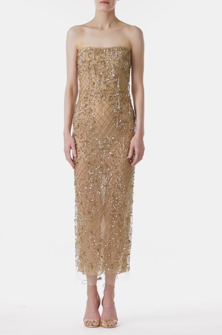 Monique Lhuillier strapless gold embroidered column gown.