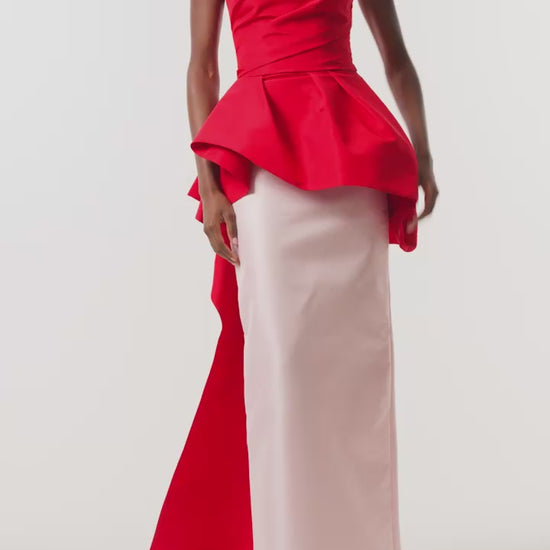 Monique Lhuillier Fall 2026 vibrant red and pale pink Silk Faille & Mikado strapless peplum bodice with column skirt and train- video. 