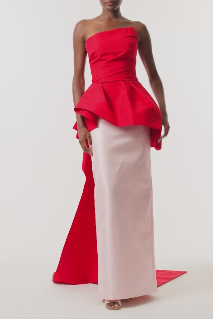 Monique Lhuillier Fall 2026 vibrant red and pale pink Silk Faille & Mikado strapless peplum bodice with column skirt and train- video. 