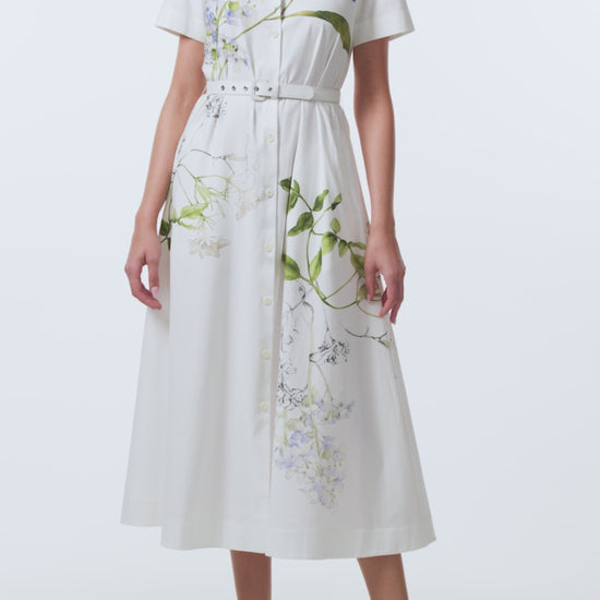 Monique Lhuillier Spring 2026 Silk White Multi Iris Bouquet Printed Cotton Poplin short-sleeved shirt dress with belt - video.