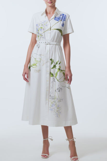 Monique Lhuillier Spring 2026 Silk White Multi Iris Bouquet Printed Cotton Poplin short-sleeved shirt dress with belt - video.