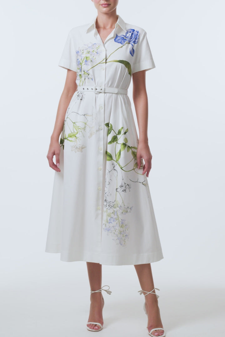 Monique Lhuillier Spring 2026 Silk White Multi Iris Bouquet Printed Cotton Poplin short-sleeved shirt dress with belt - video.