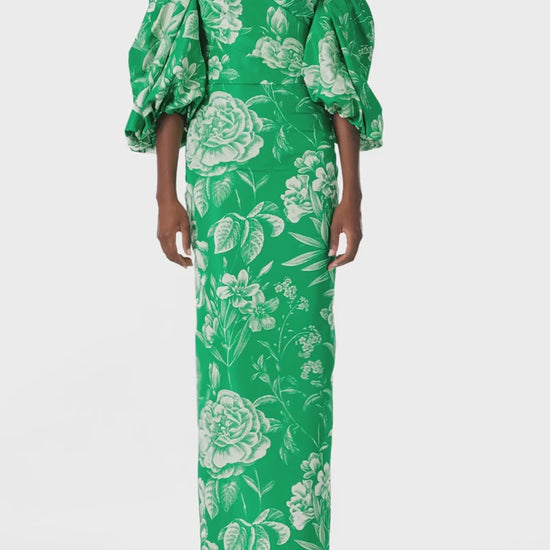 Monique Lhuillier Spring 2025 Off-the-shoulder column gown with blouson sleeves in Grass and Silk White Floral toile printed faille - video.