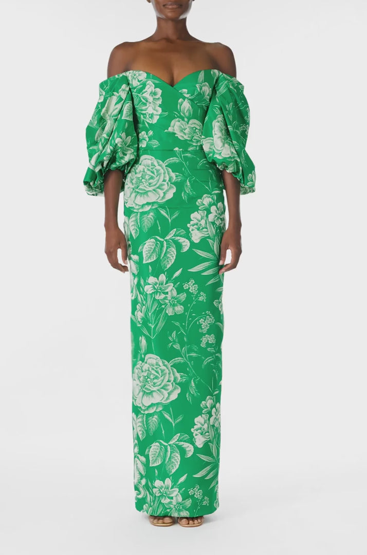 Monique Lhuillier Spring 2025 Off-the-shoulder column gown with blouson sleeves in Grass and Silk White Floral toile printed faille - video.