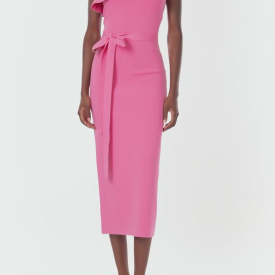 Monique Lhuillier bright pink knit one shoulder midi dress with ruffle and self-tie belt.