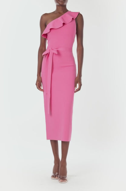 Monique Lhuillier bright pink knit one shoulder midi dress with ruffle and self-tie belt.