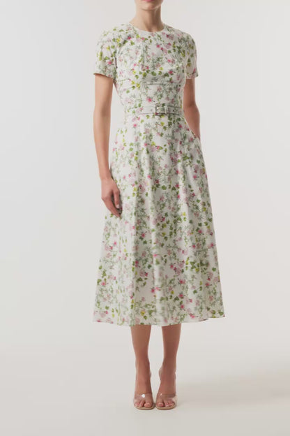 Monique Lhuillier Fall 2026 Short Sleeve Floral Day Dress in Silk White/Multi Ivy Bloom Printed Stretch Cotton Poplin with jewel neckline, belt, pockets and a-line skirt - video. 