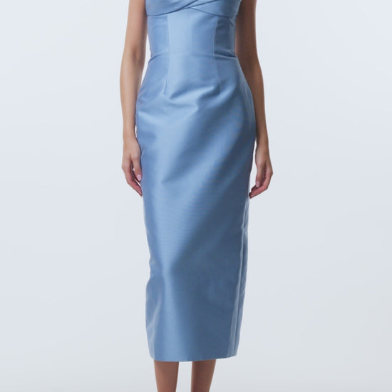 Monique Lhuillier Spring 2026 Bluebelle Mikado Strapless draped neckline cocktail dress - video.