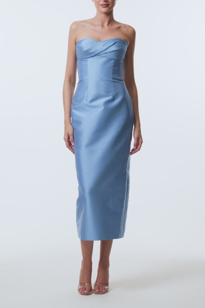 Monique Lhuillier Spring 2026 Bluebelle Mikado Strapless draped neckline cocktail dress - video.