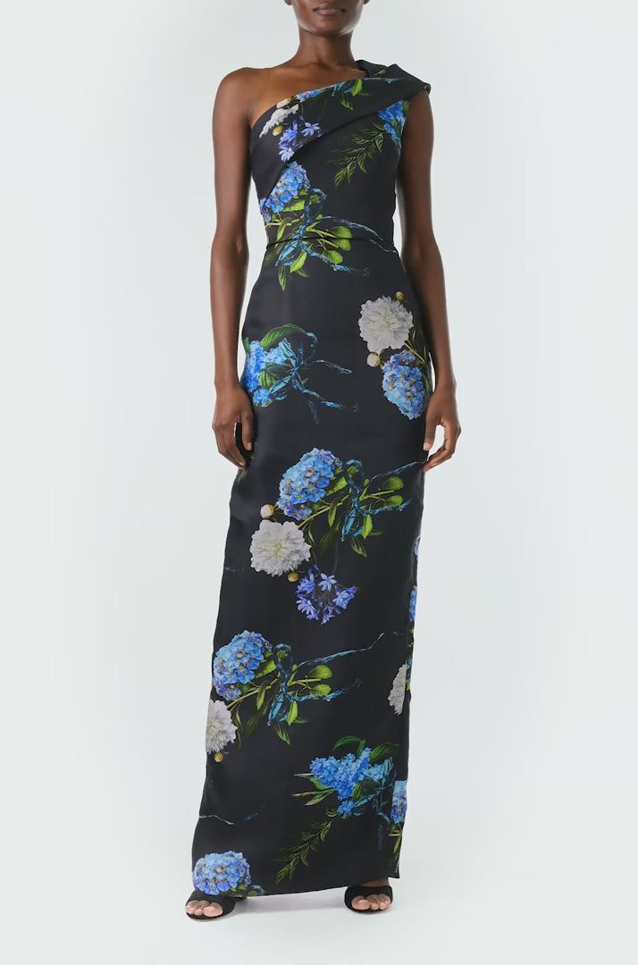 Monique Lhuillier Fall 2024 night sky floral, one shoulder column gown with draped neckline and natural waist seam - video.