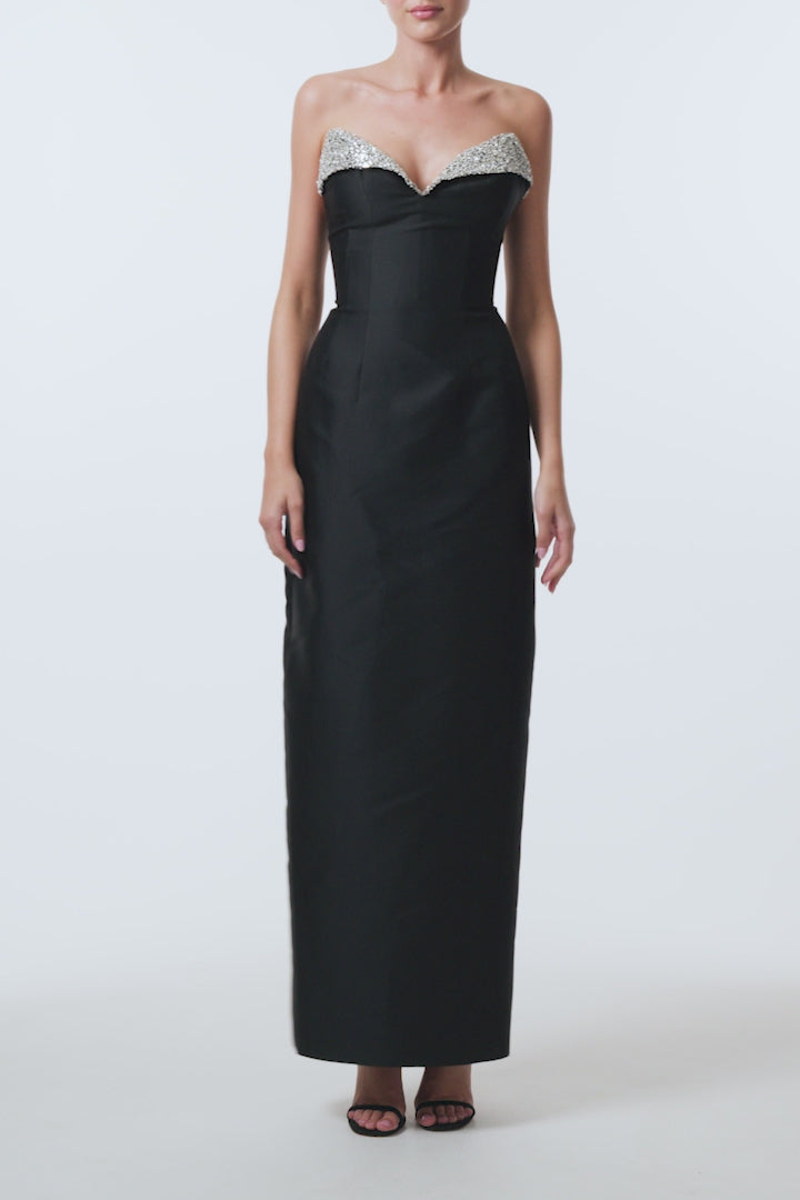 Monique Lhuillier Spring 2026 Noir Mikado Embroidered lapel column gown - video.