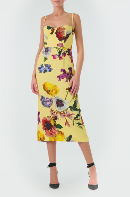 Monique Lhuillier Fall 2024 Spaghetti strap midi dress with corseted bodice in Soleil/Multi floral printed crepe - video.