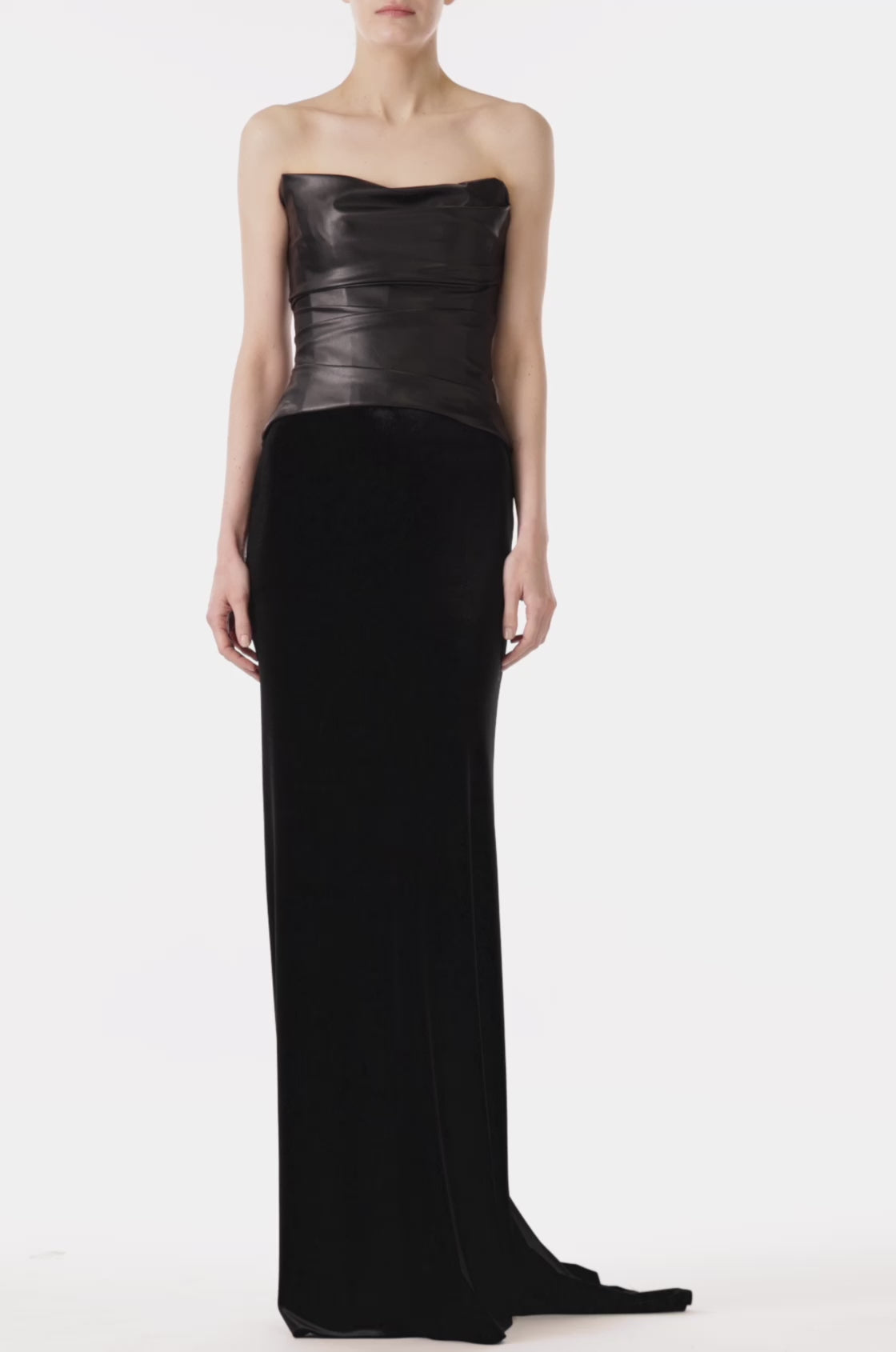 Monique Lhuillier black vegan leather corset shown with our black velvet evening skirt.