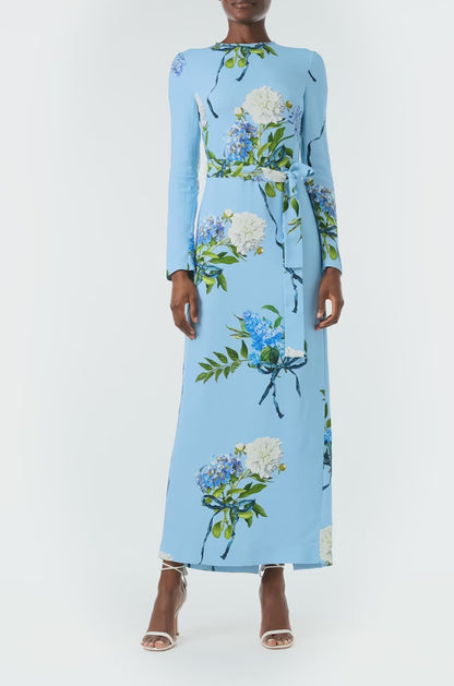 Monique Lhuillier Fall 2024 long sleeve, floral sheath dress with self-tie waist belt - video.