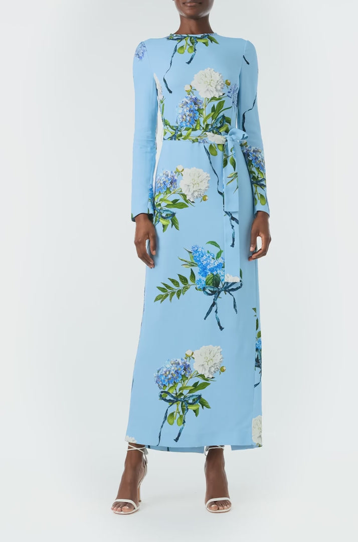 Monique Lhuillier Fall 2024 long sleeve, floral sheath dress with self-tie waist belt - video.