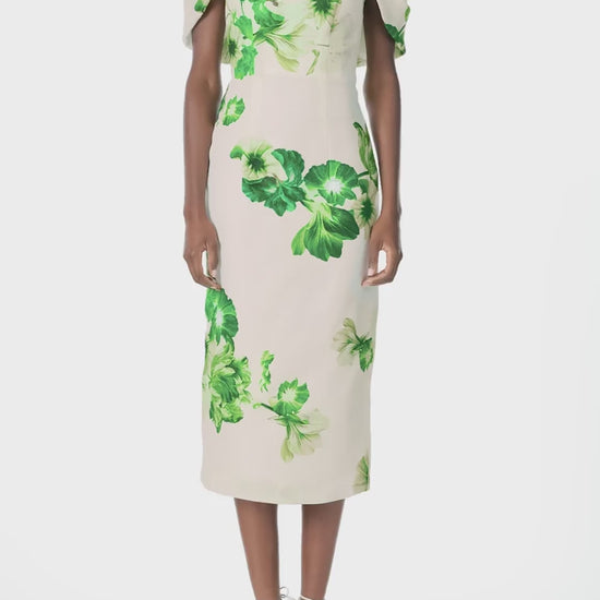 Monique Lhuillier Spring 2023 Draped, off-the-shoulder cocktail dress in Silk White/Green printed floral gazar fabric - video.