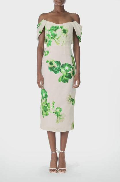 Monique Lhuillier Spring 2023 Draped, off-the-shoulder cocktail dress in Silk White/Green printed floral gazar fabric - video.