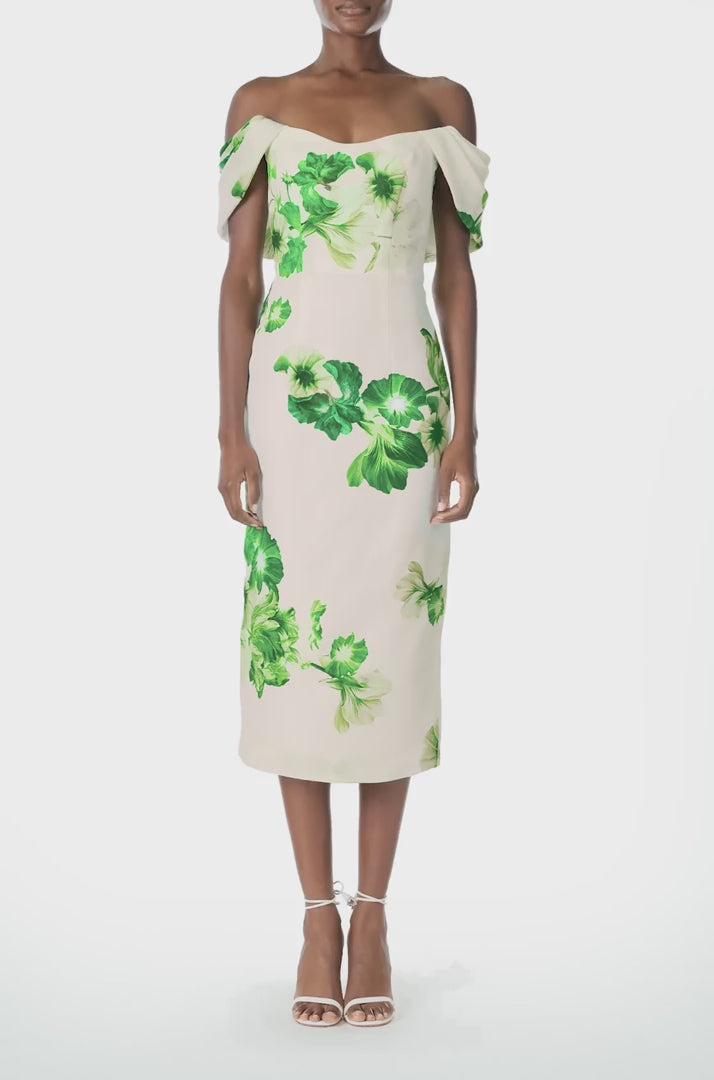 Monique Lhuillier Spring 2023 Draped, off-the-shoulder cocktail dress in Silk White/Green printed floral gazar fabric - video.