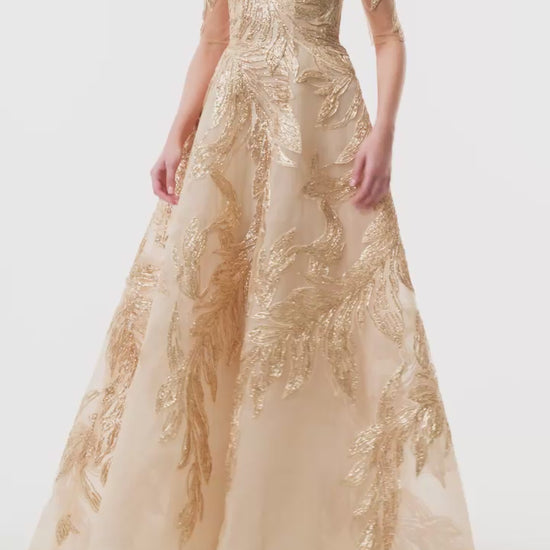 Monique Lhuillier Fall 2025 Gold feather embroidered tulle Off-the-shoulder short sleeve ball gown - video. 