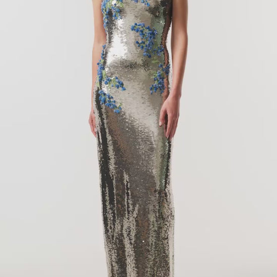 Monique Lhuillier Fall 2026 Chrome/Multi Sequin Floral Strapless Embroidered column Gown with blue and green three-dimensional embroidery - video.