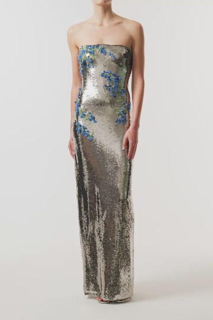 Monique Lhuillier Fall 2026 Chrome/Multi Sequin Floral Strapless Embroidered column Gown with blue and green three-dimensional embroidery - video.