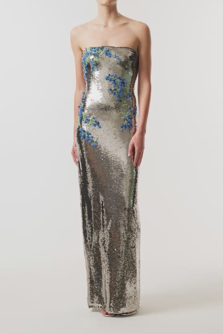 Monique Lhuillier Fall 2026 Chrome/Multi Sequin Floral Strapless Embroidered column Gown with blue and green three-dimensional embroidery - video.