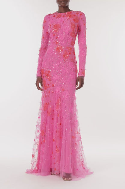 Monique Lhuillier Spring 2024 long sleeve gown in raspberry red embroidery - video.