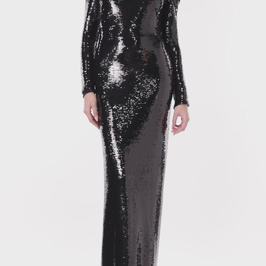 Monique Lhuillier long sleeve gown in black sequin.