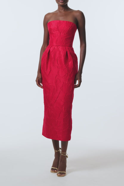 Monique Lhuillier Spring 2026 Poppy Linear Rose Jacquard Strapless Cocktail Dress - video.